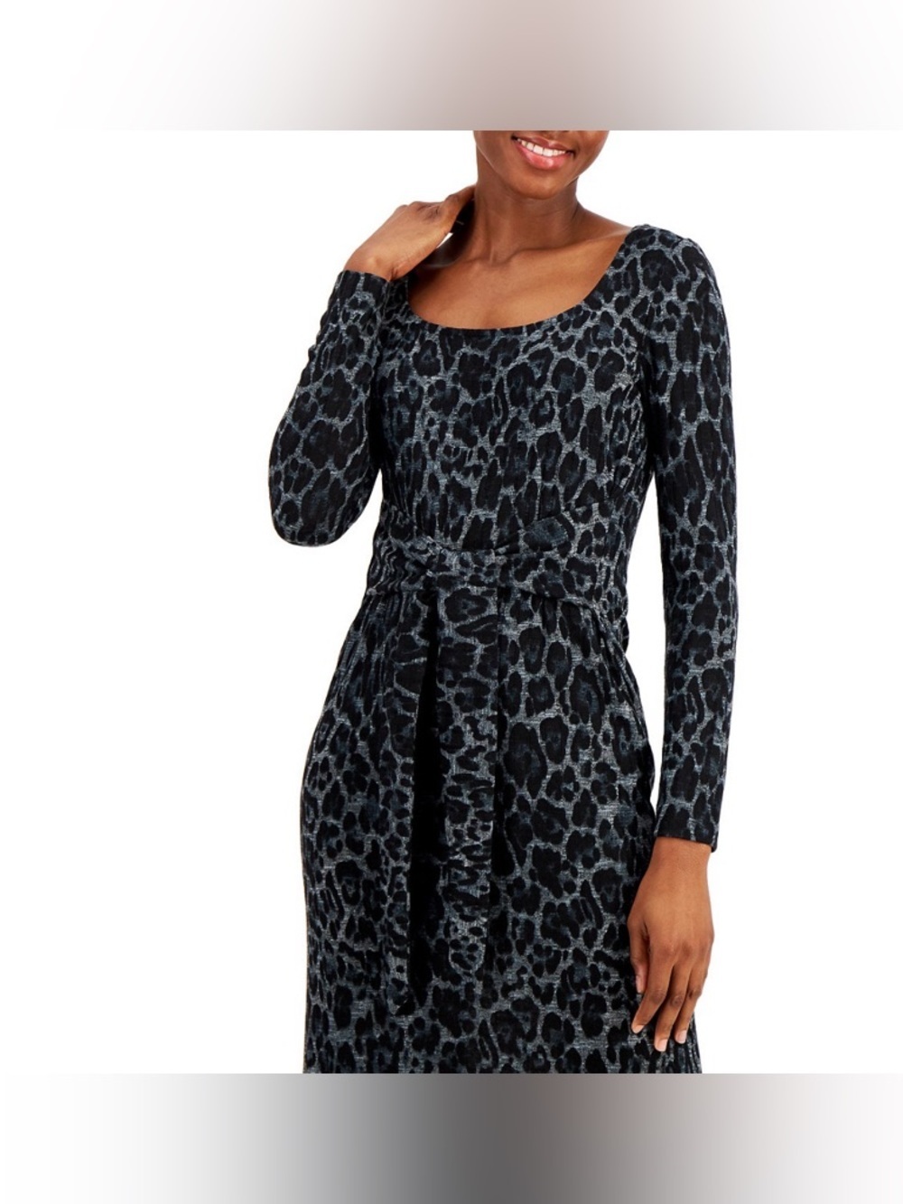 Nine West Black animal -Print Long Sleeve Midi Dress - Picture 2 of 7